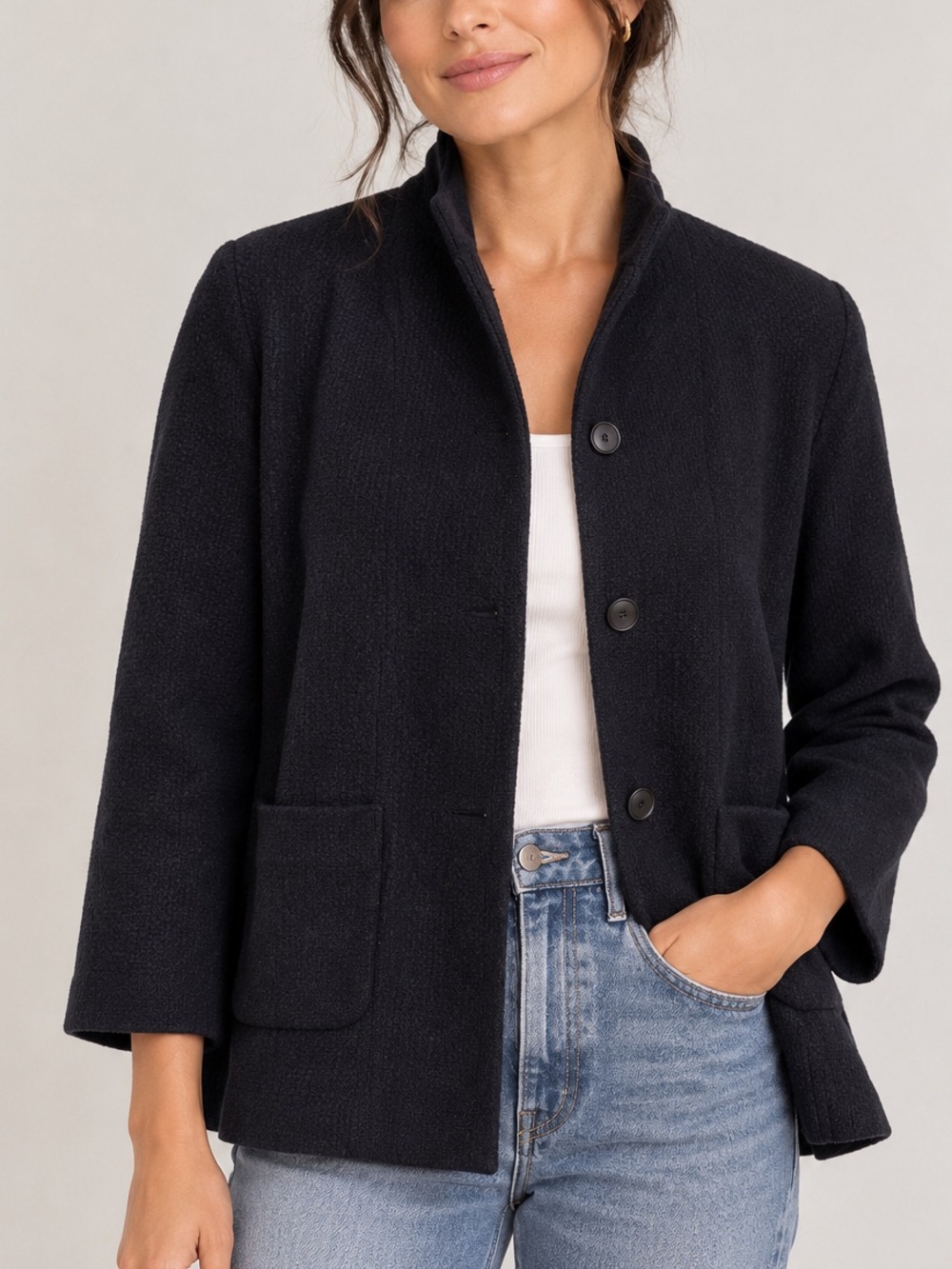 Eileen Fisher Cotton Wool Blend Jacket Black Textured 3/4 Sleeve Blazer